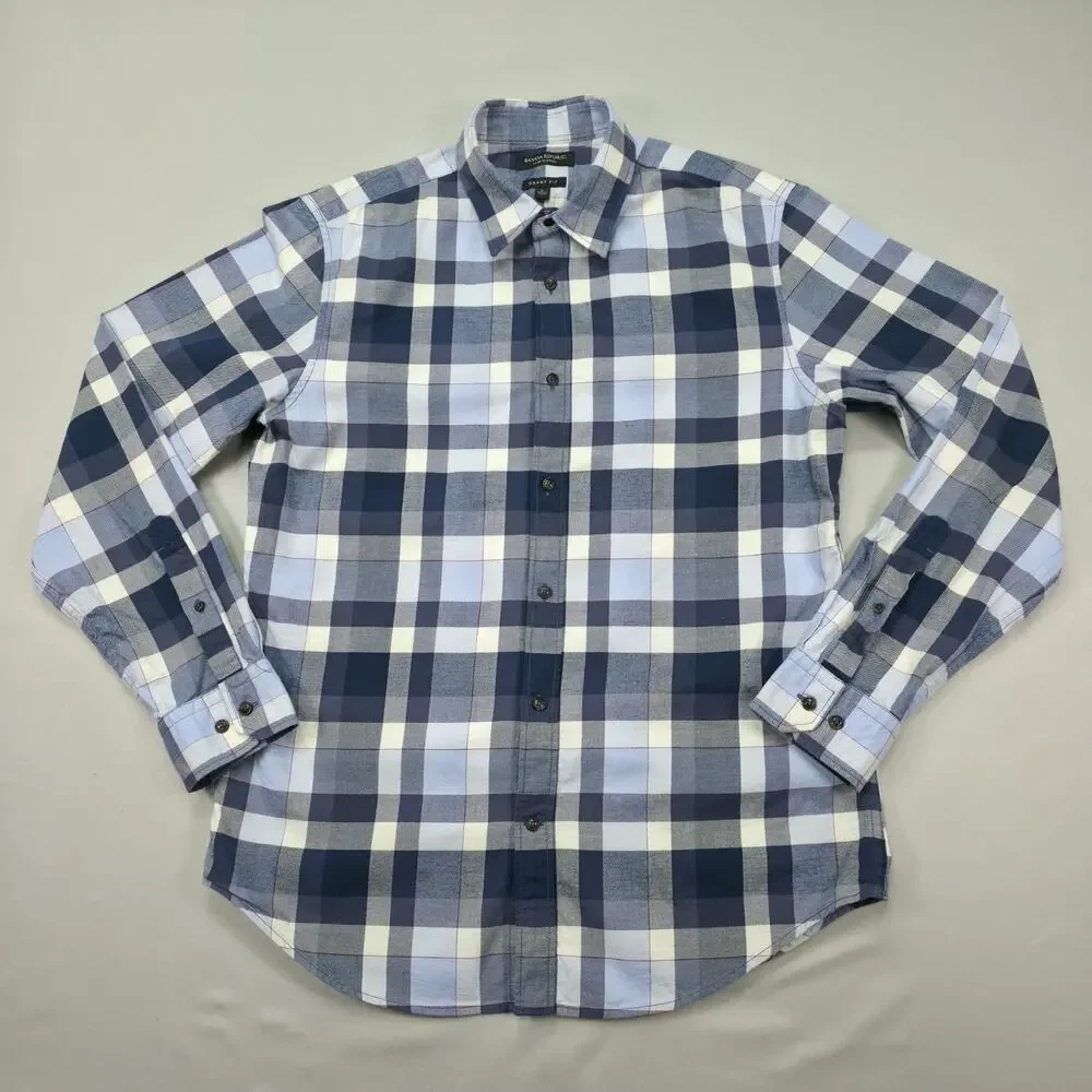 Banana Republic Mens Large Luxe Flannel Shirt Grant Fit Blue Plaid Casual